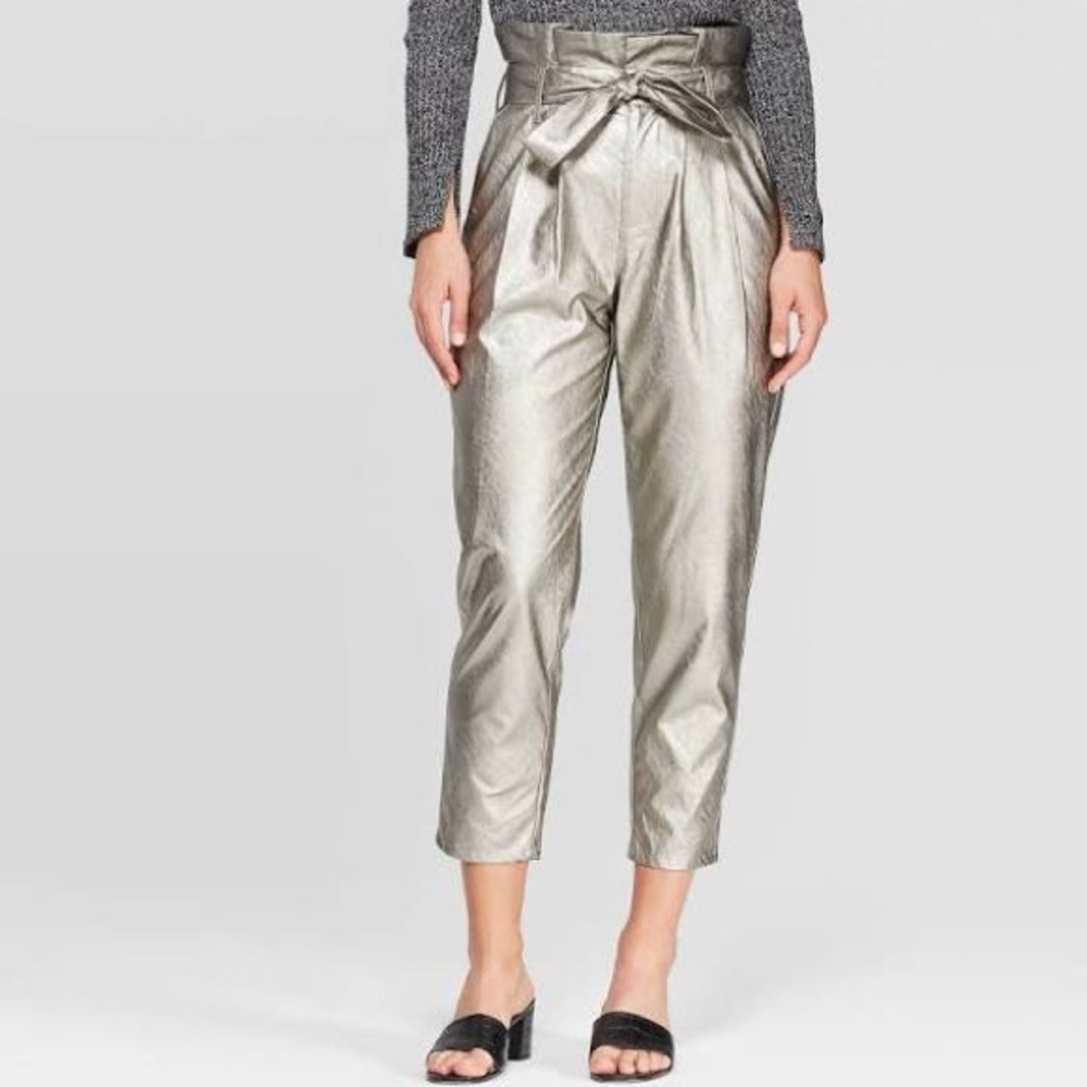 Who What Wear Metallic Silver Paperbag Ankle Pants